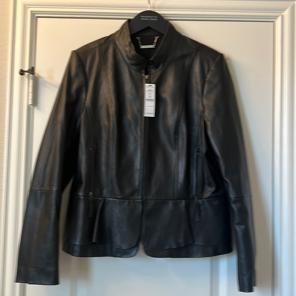 NWT Black Peplum Genuine Leather Jacket, Size XL